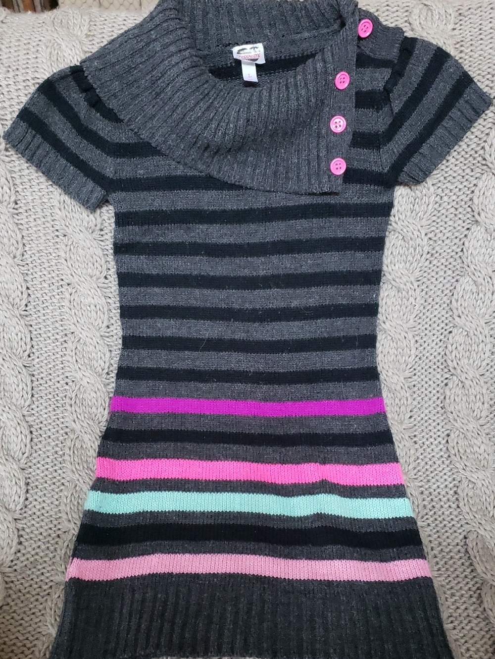 Striped Knit Sweater Dress with Pink Accent Buttons